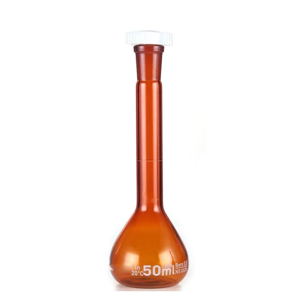 Equipos y suministros de laboratorio Matraz volumétrico de vidrio de borosilicato marrón de 50 ml con tapón de plástico. Cristalería transparente de laboratorio.