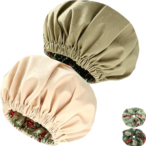 Genergy 2Pcs Satin Lined Large Shower Cap for Women Set with 2 Scrunchies