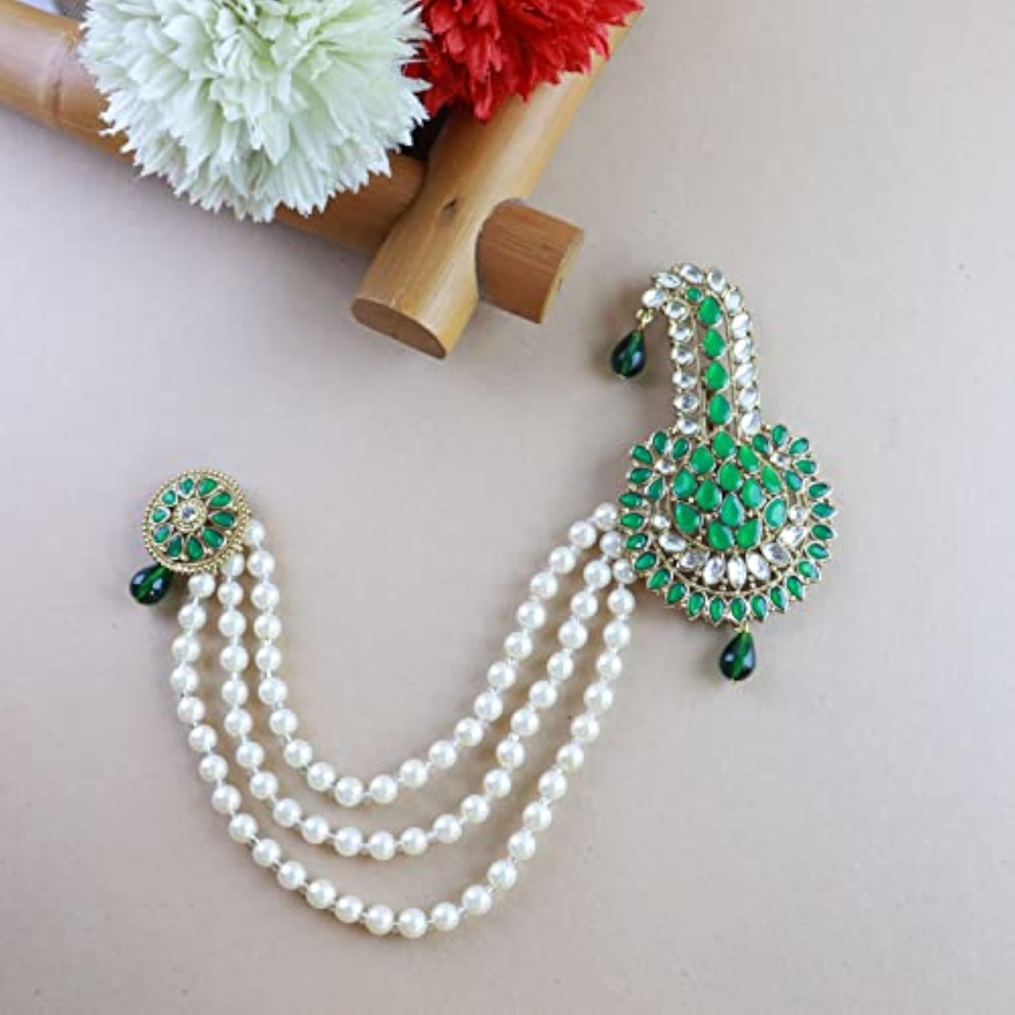 Gold Plated Traditional Stone Pearl Drop Brooch for Groom, Gift