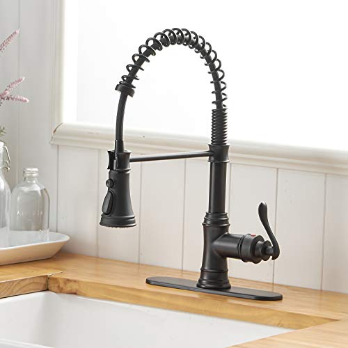Bwe Kitchen Sink Faucet With Deck Plate Matte Black With Pull Down Sprayer 3 Spray Modes Single Handle Singe Lever High Arc Kitchen Faucet Lead-Free Farmhouse Commercial Bar Kitchen Faucets #TOP7