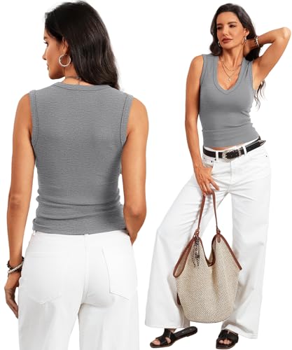 Image of Prettywear Deep V Neck Tank Tops for Women 2026 Summer Fashion Clothes Sexy Casual Ribbed Fitted Sleeveless Going Out Tops