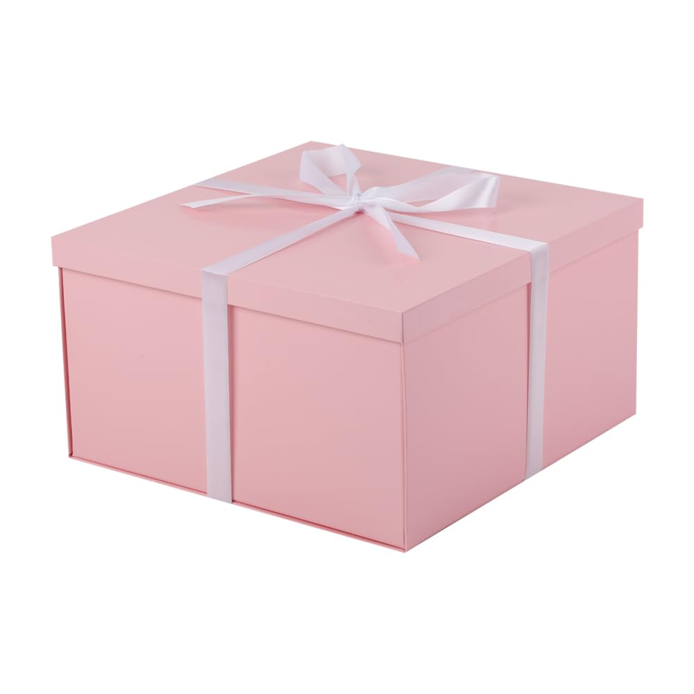 UoeRing Confezione da 2 scatole regalo grandi, 33 x 33 x 17 cm, per bomboniere nuziali, set di confezioni regalo di Natale con nastri e biglietti (rosa)