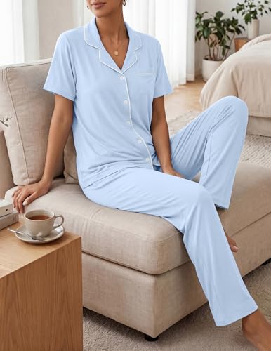 Image of Womens Pajamas Sets 2 Piece Button Up Pj Sets Short Sleeve with Long Pant