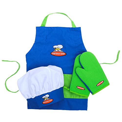 Curious Chef 4-Piece Child Textile Set For Kids And Toddlers, Blue And Green Child-Sized Apron, Oven Mitts And Chef’s Hat, Real Kitchen Wear Cooking Kit #TOP6