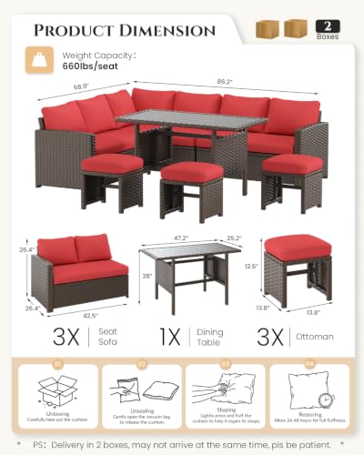 Image of U-MAX 7 Pieces Patio Furniture Set, Outdoor Sectional Sofa Conversation Set, All Weather Wicker Rattan Dining Table & Chair with Ottoman, Brown Rattan&Red Cushion