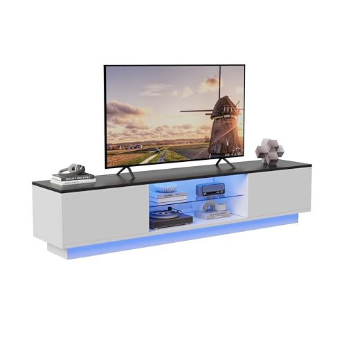 MASAJIA Mueble TV moderno con iluminación LED RGB | Banco TV 160 cm de ancho, mueble de TV con 2 puertas + estante de cristal, para salón y dormitorio (blanco)