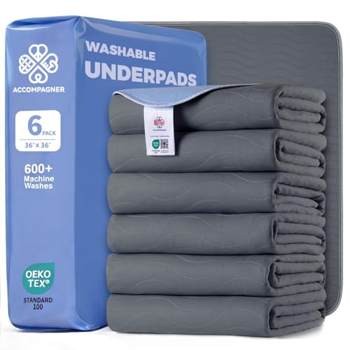 Image of Accompagner Incontinence Bed Pads Washable Waterproof, Ultra-Absorbent Reusable Underpads for Diaper Changing, Nursing, Bedridden, Adults, Seniors, Kids and Dogs (Dark Gray, 36 inchx36 inch(Pack of 6))