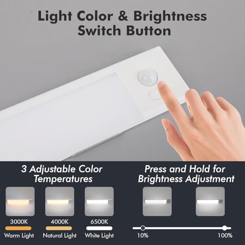 Image of 2 Pack Under Cabinet Lighting, 3 Colors & Dimmable Motion Sensor Light Indoor, 900mAh Rechargeable Under Cabinet Lighting Magnetic for Kitchen, Stairs, Closets, White(ABS+PC)