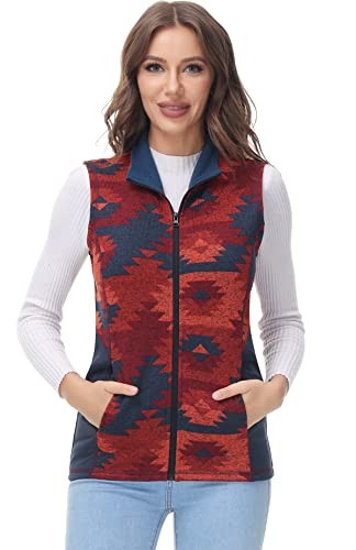Cozziplus Women Zip Up Sweater Fleece Vest Lightweight Sleeveless Sweater Knitted Golf Vest Heathered Mix Thermal Jacket (Geo Print- Orange,M)