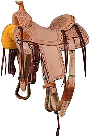 Western Horse Saddle Wade Tree A Fork Ranch Roping Work Handmade Tooled Carved Premium Leather Equestrian Trail Horse Saddle for Horse Riding Size: 10-18 inches Seat, OS88