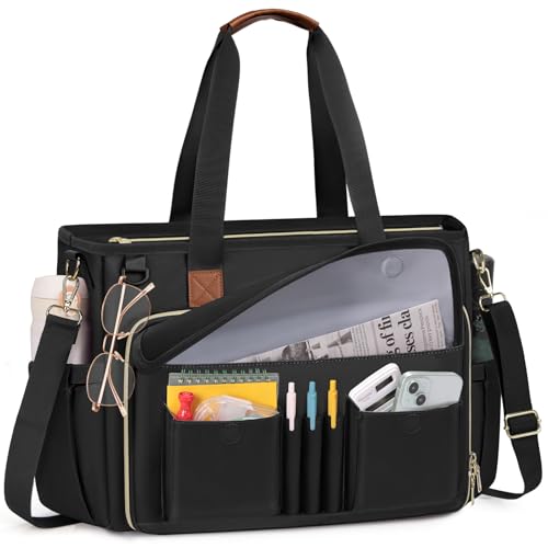 RAINSMORE Lehrertasche Damen Groß 15.6 Zoll Laptoptasche Arbeitstasche mit Isolierter Tasche für Krankenschwester, Uni Tasche für Schule Büro Business Schwarz