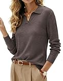 Kate Kasin Fall Pullover Sweaters for Women, Long Sleeve Polo Shirts, V Neck Wool Sweater Tops 2026 Coffee Brown M
