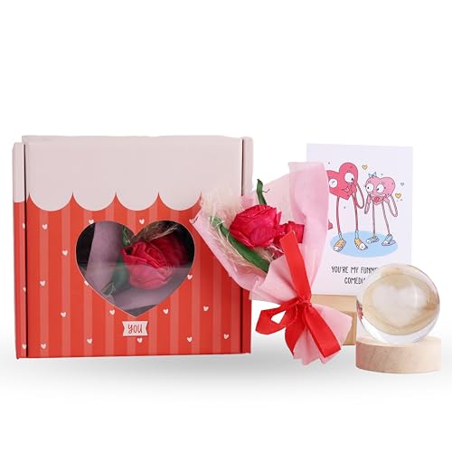 Oye Happy - Will You Be Mine Forever Hamper for Couples | Romantic Gift Set with Heart Lamp, Dried Rose Bouquet & Love Illustration Card | Perfect Surprise for Valentine’s Week