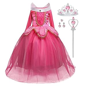 LiUiMiY Bella Durmiente Disfraces Niña Princesa Aurora Vestido de Manga Larga Carnaval Tul Tiara Cosplay Wedding Party Vestido de Carnaval de Cumpleaños para Niñas