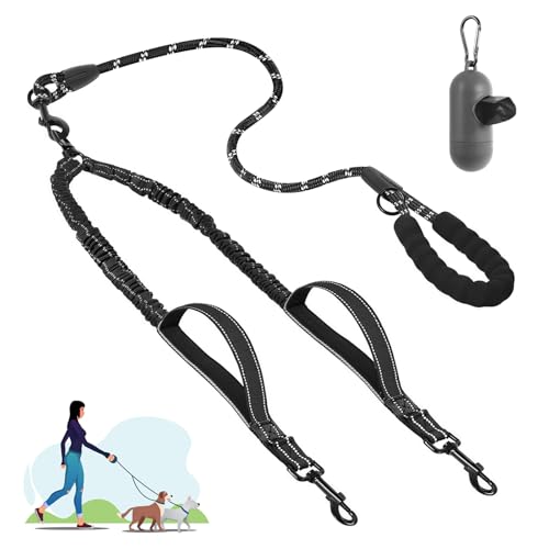 Double Dog Lead,Safety Handle Double Dog Lead for Walking 2 Dogs No Tangle,360° Tangle-Free,Thickened Design,Reflective,Double Dog Leash for Medium & Large Dogs(Black-M）