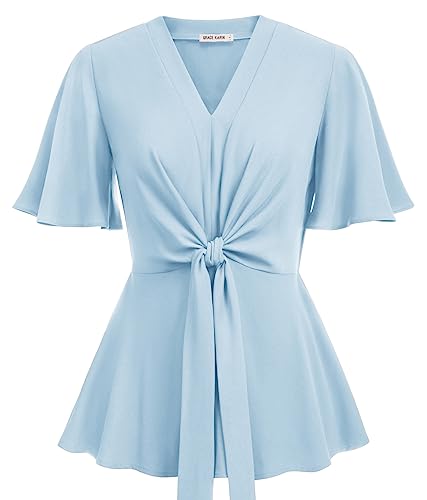 Image of GRACE KARIN Women's Elegant V-Neck Tie Waist Flowy Peplum Shirt Tops