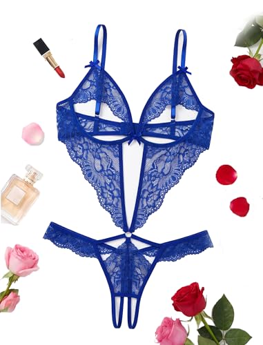 Avidlove Sexy Teddy Lingerie for Women Lace Bodysuit One Piece Sexy Mini Babydoll Royal Blue M