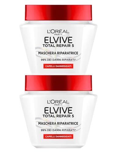 L'Oréal Paris Elvive Total Repair 5 Maschera Riparatrice per Capelli Molto Danneggiati con 14% di Concentrato Riparatore per Capelli Resistenti Morbidi e Luminosi - 2 Barattoli da 300ml
