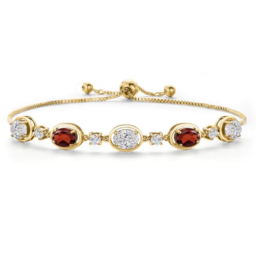 Gem Stone King 18K Yellow Gold Plated Silver White Lab Grown Diamond and Red Garnet Bracelet For Women | 4.10 Cttw | Gemstone April Birthstone | Oval 7X5MM | Fully Adjustable 9 Inch