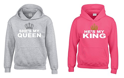 Sweatshirts couples matching King Queen en tailles S gris et 3XL rose