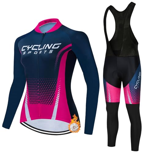 Conjunto Ropa Ciclismo Mujer Invierno Traje Bici MTB Polar Térmico,Maillot Ciclista Chaquetas Ciclo Manga Larga y Pantalones Tirantes con 19D Gel Acolchado,Completa Bicicleta de BTT Jerseys|9,XXL