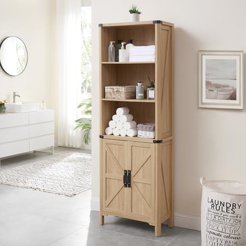 Minifeel 70.87 Tall Storage Cabinet, Farmhouse Storage Cabinet with 2 Barn Doors and Adjustable Shelves, Bathroom Organizer for Living Room, Entryway, Kitchen (Natural Oak)