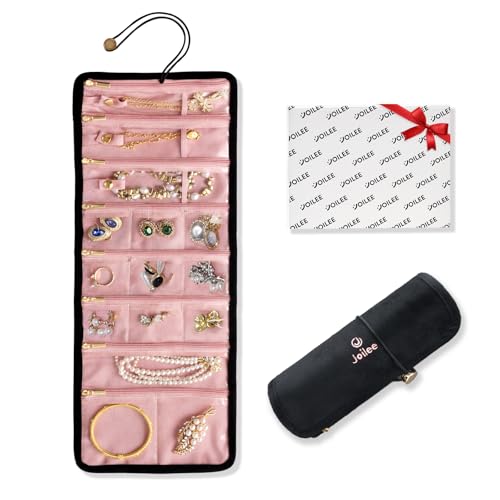 Joilee Travel Jewelry Case Organizer, Foldable Velvet Jewelry Roll for Women, Tangle-Free Necklace Storage Bag, Small Portable Jewelry Wrap for Rings, Earrings, Anti-Tarnish Travel Essentials, Black