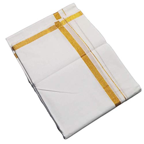 Image of SMT Traditional Men's Cotton Double Dhoti with Gold Border (White, Free Size )
