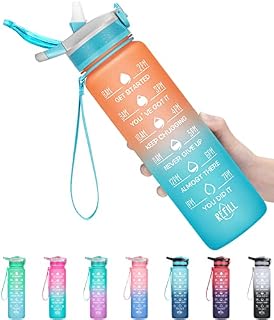 MEITAGIE Water Bottles with Straw and Buckle Handle, 1 Litre BPA Free Water Bottle with Time Markings Leak-proof Perfect for Fitness Gym Camping Outdoor Sports