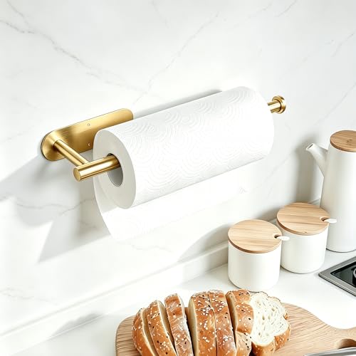 Image of Gold Paper Towel Holder Under Cabinet, Adhesive Paper Towel Roll Holder Stick on Wall, Stainless Steel Towel Paper Holder for Bathroom Kitchen