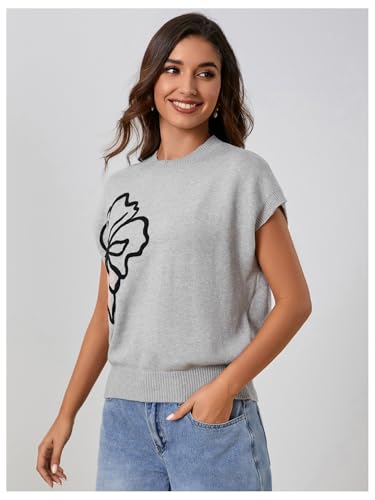 Image of Verdusa Women's Old Money Floral Summer Sweaters Vest Cap Sleeves Crew Neck Knit Tops
