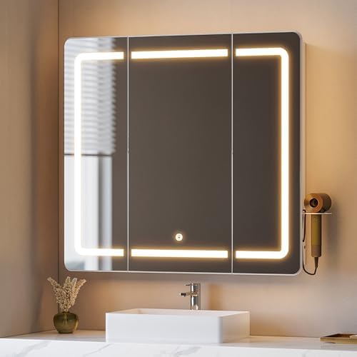 Hzuaneri Armario Espejo Baño, con Espejo Grande y Luz LED, Espejo...