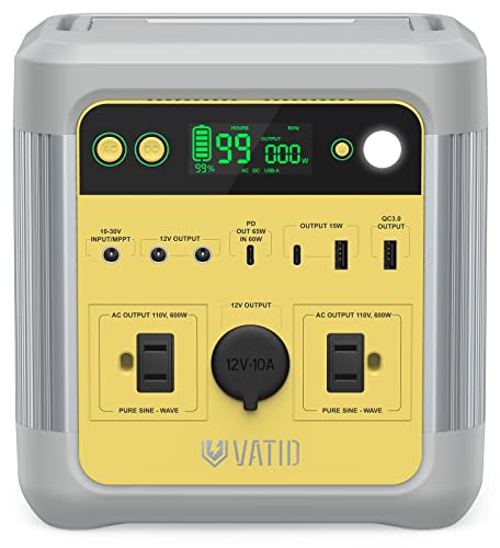 VATID Portable Power Station,600W Rated,1000W Peak,518Wh Solar Generator,110V AC,12V Regulated DC,3.5hrs 100% Recharge,Pure Sine Wave,USB PD Input/Output Rechargeable Power Generator