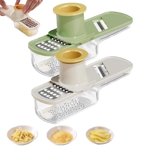 多機能にんにくグラインダー、ミニスライサー手動グラインダー、3 in 1 生姜・にんにくおろし器、握りやすいハンドヘルドチョッパー(コンテナ付き)、家庭用・業務用に最適,Beige+green