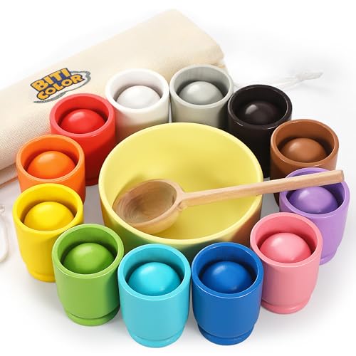 Set di palline colorate: il set di giocattoli educativi contiene 12 palline di legno palline colorate per bambini, 12 tazze di legno abbinate, una ciotola di legno, un sacchettino di lino e un cucchiaio.