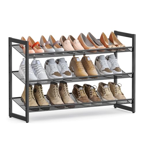 SONGMICS Shoe Rack, 3-Tier Shoe Organizer, Metal Shoe Storage for Garage, Stackable Shoe Shelf, with Adjustable Flat or Angled Shelves, 9-12 Pairs, Ink Black ULMR03B Ink Black 3 Tiers (29.1'