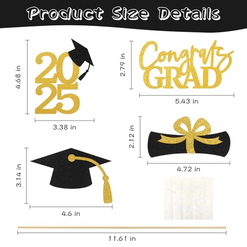 16 Pcs Graduation Decorations Class of 2025, Black & Gold Double-Sided Graduation Centerpieces, Graduations Party Centerpieces, Graduation Party Decorations for Table Toppers