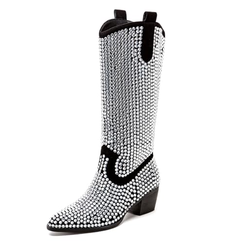 Image of ADAMUMU Womens Wide Calf Cowboy Boots Classic Western-Style Cowboys Boots for Women Pointed Toe Womens Cowgirl Boots with Chunky Heel Non-Slip Sole for Adding Timeless Elegance to Your Wardrobe