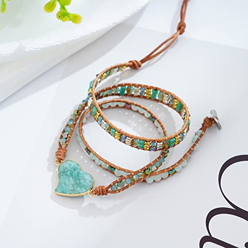 Plumiss Handmade Mixed Natural Amazonite Heart Stone Crystal 3 Strands Wraps Boho Statement Women Bracelets #TOP4
