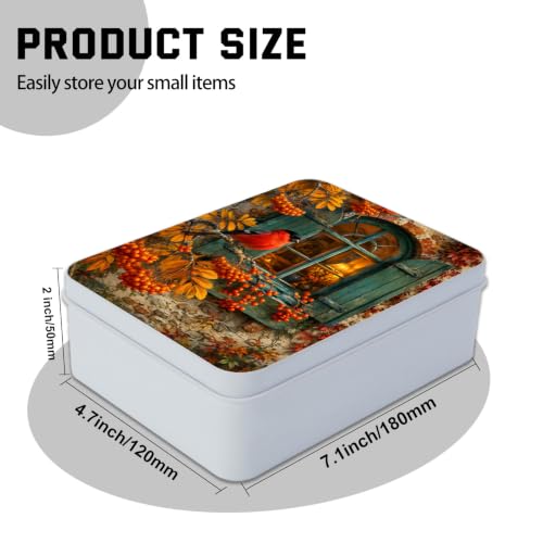 Image of Decorative Metal Tin Box with Lid,Red Cardinal Autumn Organizer