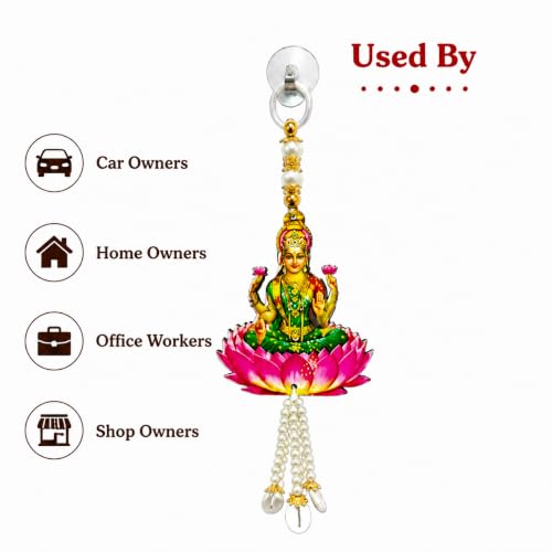Image of Religious Door Hanging Decor with Pearl Beads & Tassel, Wooden Wall Hanging for Home Temple, Pooja Room, Entrance, Mandir Decoration & Spiritual Gift, Goddess Lakshmi with Lotus