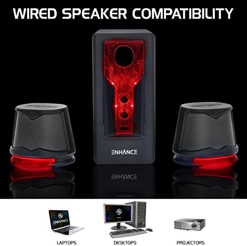 ENHANCE SB 2.1 Computer Speakers - Gaming Speakers, Red LED Computer Speakers with Subwoofer, High Excursion Sound System, Volume and Bass Control, Compatible with Gaming PC, Desktop, Laptop