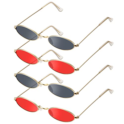 4 Paires Lunettes de Soleil Ovales à Monture en Métal pour Femmes (Noir, Rouge) Cover