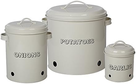 Set of 3 Antique Cream Vintage Potato Onion Garlic Kitchen Storage Canisters Jars Pots Containers 3 Piece Set, Potato, Garlic, Onion Bin Caddy, With Aerating Tin Storage Holes & Metal Lid