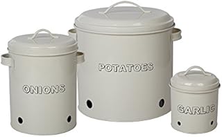 Set of 3 Antique Cream Vintage Potato Onion Garlic Kitchen Storage Canisters Jars Pots Containers 3 Piece Set, Potato, Garlic, Onion Bin Caddy, With Aerating Tin Storage Holes & Metal Lid