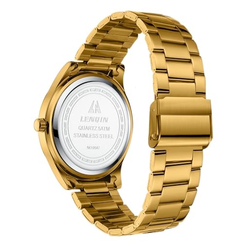 LN LENQIN Mens Watches Stainless Steel Analogue Quartz Minimalist Luxury Waterproof Men's Wrist Watches Metal Casual Business Dress Watch for Men (All Gold)