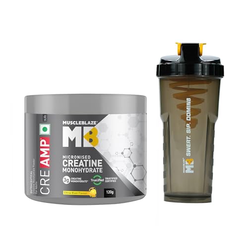 MuscleBlaze Micronised Creatine Monohydrate CreAMP Powder, Citrus Blast (120g) + Cyclone Blender Gym Shaker (700ml)