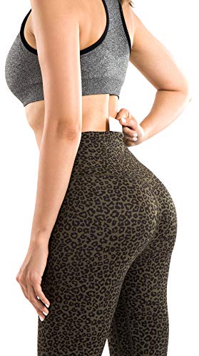 OVRUNS High Waisted Yoga Pants Leopard Workout Running Sports Leggings for Women Seamless Cheetah Athletic Active Tights with Pockets - ArmyGreen - M