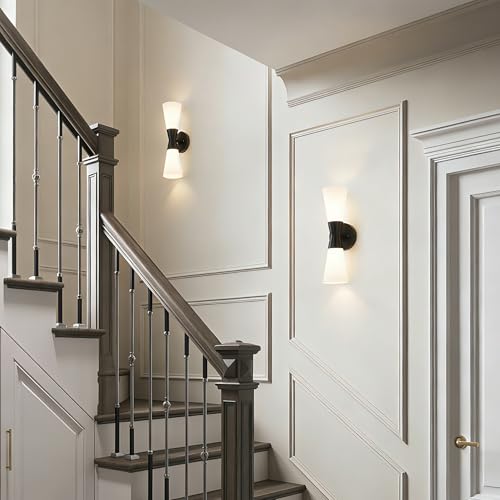 Image of Wall Sconces Set of 2 for Bathroom, Modern Indoor Vanity Light Fixtures 15 inch, Up Down Lighting, Wall Mount Lamp for Living Room Bedroom Hallway Stairway Fireplace Mirror E26 Base 2PC White&Black