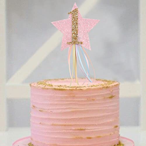 Glitter Star Rainbow Ribbon Cake Topper - First Birthday Pastel Rainbow And Unicorn Cake Topper，Rainbow Theme，Shooting Star,Girl Birthday Cake Decorations, 1St Birthday Pink Little Princess #TOP3